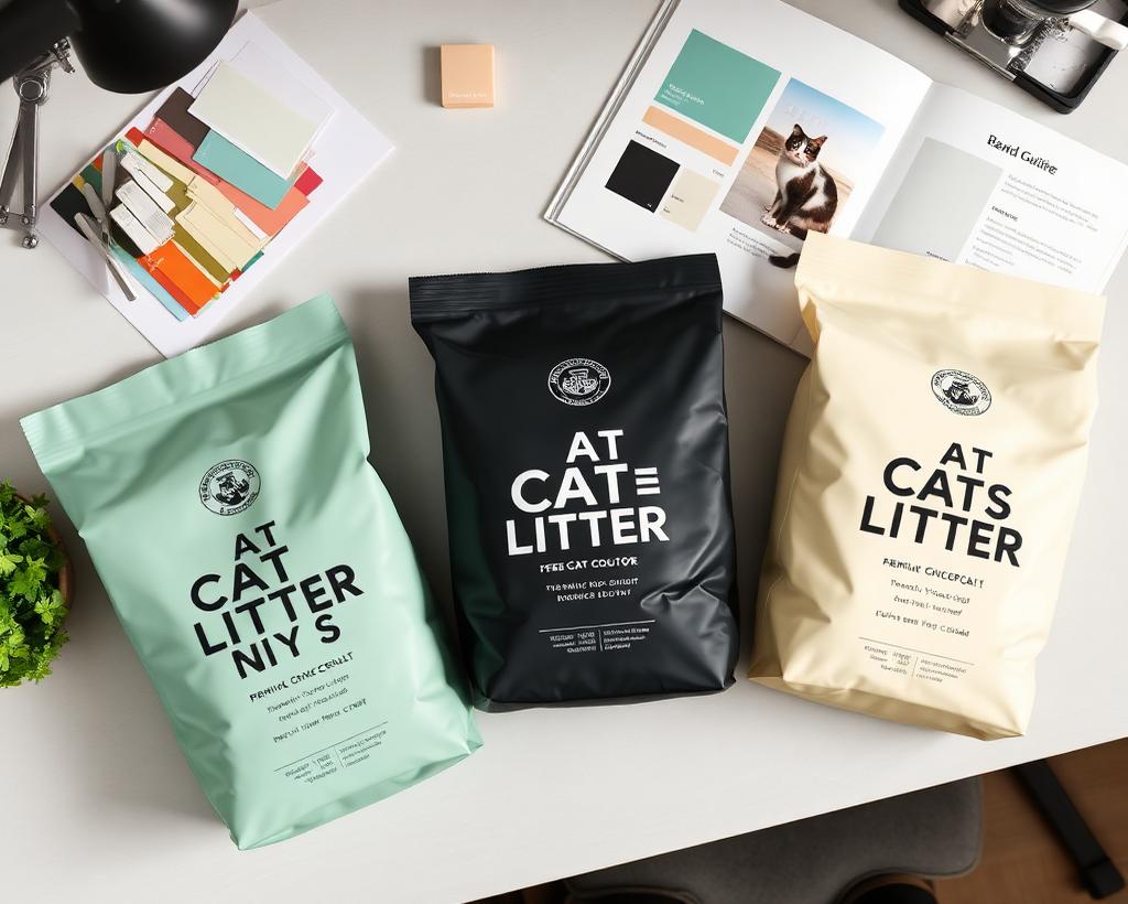 Cat litter packaging design mockups on a designer desk
