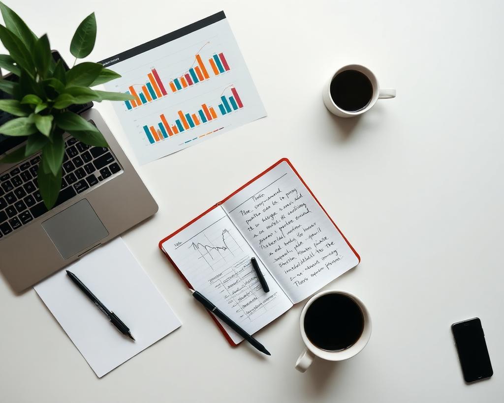 Market analysis workspace with data charts and notes