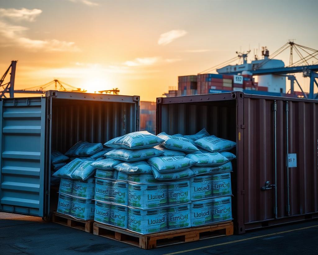 Loaded shipping container at a port at sunset