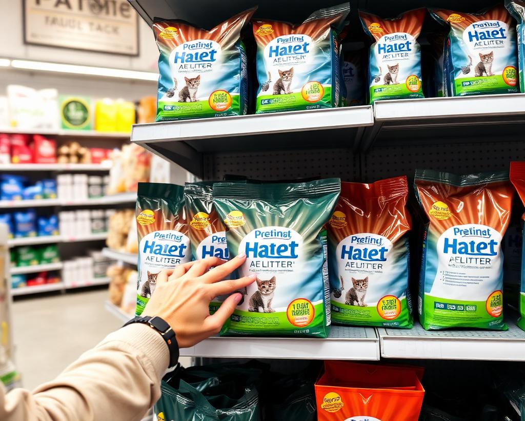 Retail shelf with branded cat litter being picked by a customer